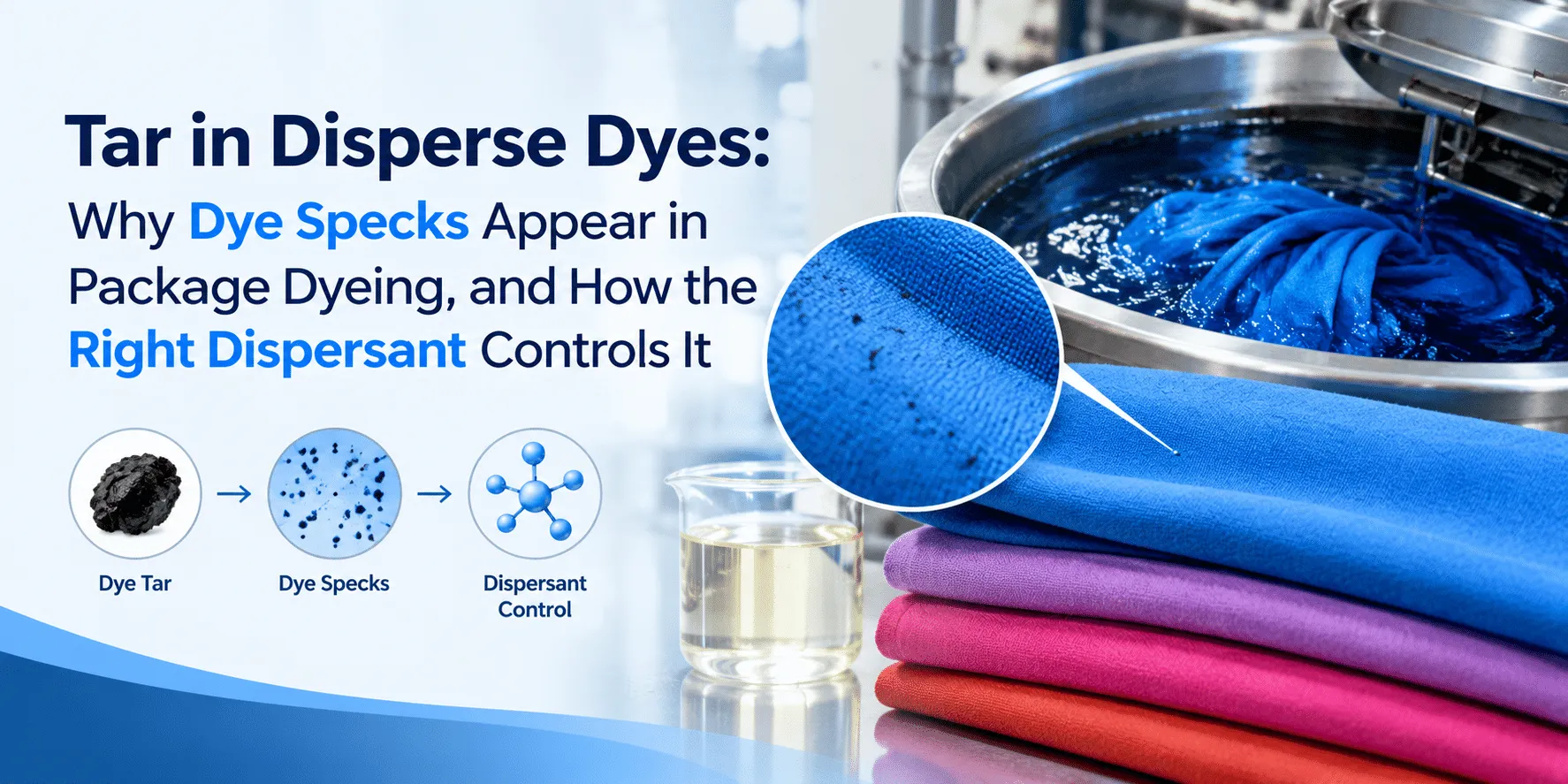 Tar in disperse dyes and dye specks in package dyeing